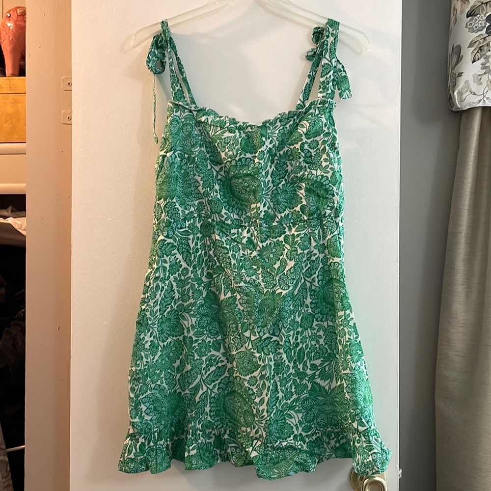 Green and White Printed Olivaceous Dress